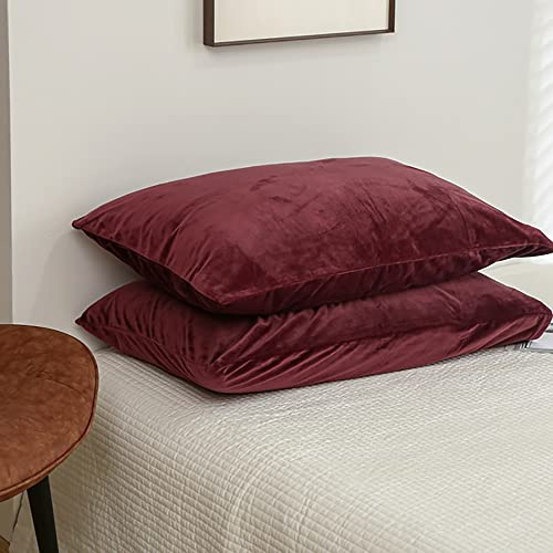 Michorinee Warme Fleece 2er Set Kissenbezug 80x80 cm Cashmere Touch Kuschelig Flauschig Plüsch Samt Kissenhülle Doppelpack Kopfkissenbezug mit Reißverschluss Weinrot
