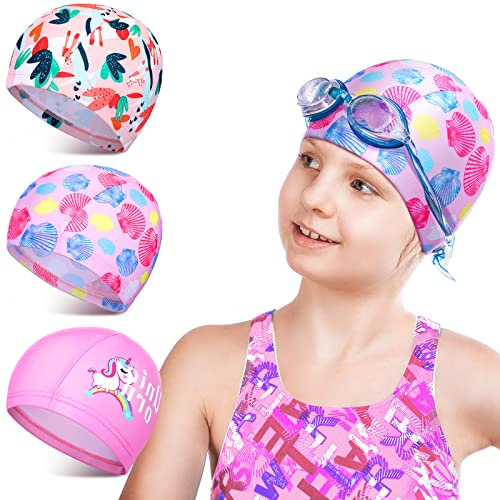 3 Cappelli da Nuoto Elastica Cuffie da Nuoto per Bambini Cuffie da Piscina per Capelli Lunghi Cuffia da Bagno in Tessuto Flessibile Impermeabile (Motivo Adorabile, Serie Rosa)