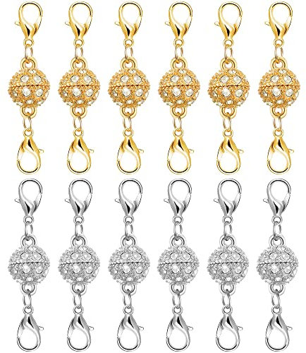 12Pcs Locking Magnetic Labstor Necklace Clasps Magnetic Necklace Clasps and Closures for Necklaces Bracelet Extender for Jewellery Making (Gold and Silver)