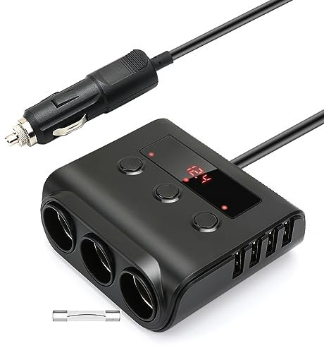 Auto Ladegerät Adapter, 3 Fach KFZ Zigarettenanzünder Verteiler mit 4 USB Ports, 12V/24V Mehrfach Auto KFZ Steckdose Verteiler Splitter mit LED Voltmeter Schalter für GPS/Dash Cam/Handy