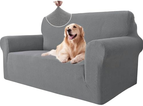 Ystyle Sofa überzug 2 Sitzer Mit Armlehne, Stretch Sofabezug rutschfest, Modern Sofa Cover Für Hunde Haustiere, Atmungsaktiv Couch überzug Mit Elastic Bottom, Hellgrau