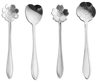 4 Pièce Ensemble de cuillères à Fleurs, Cuillères à Dessert, Cuillères à Café, Cuillères à Thé en Acier Inoxydable, Pour Gâteau, Sucre, Crème Glacée et Confiture (4 Modèles)