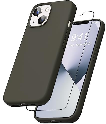 YATWIN Liquid Silicone Case Compatible for iPhone 13 with Tempered Glass Screen Protector, Slim Flexible Soft Full Body Shockproof Phone Case Compatible for iPhone 13 - Deep Olive