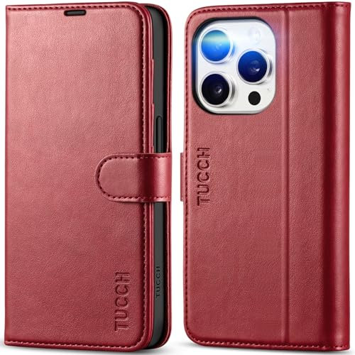 TUCCH Wallet Case for iPhone 15 Pro (6.1) 2023, Magnetic PU Leather Case with [Shockproof TPU] RFID Credit Card Holder[Viewing Stand] Protective Flip Cover Compatible with iPhone 15 Pro 5G, Dark Red
