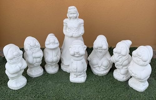 Statua biancaneve con i sette nani in cemento bianco - per esterno giardino aree verdi parco giochi - colore bianco o dipinto a mano (bianco)