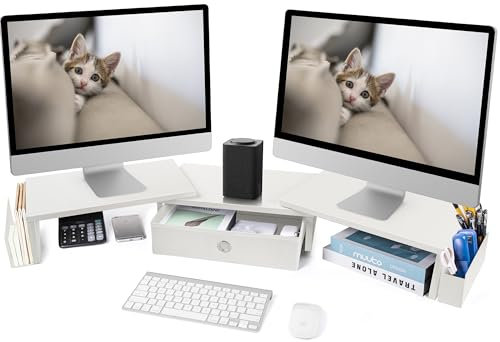 Support double pour écran avec tiroir et pied en métal, grand rehausseur de moniteur d'ordinateur avec rangement pour 2 moniteurs, étagère de bureau pour moniteur avec longueur et angle réglables,