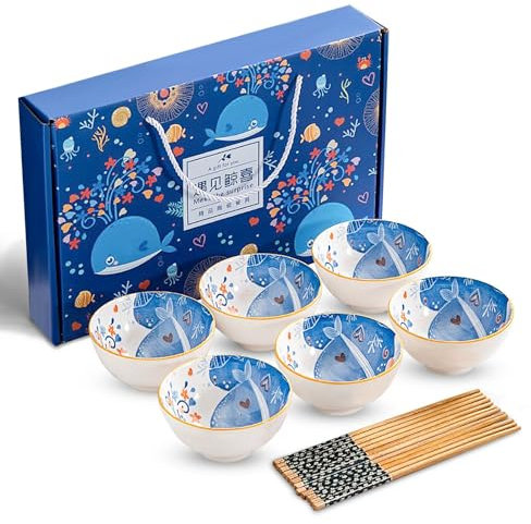 6Pcs Bol petit dejeuner porcelaine,Bols à Riz en céramique,Poke Bowl, motif baleine bleue,Petit Déjeuner, Apéritif & Soupe - 6 Paires de Baguettes,pour flocons d'avoine, crème glacée, salades, soupes