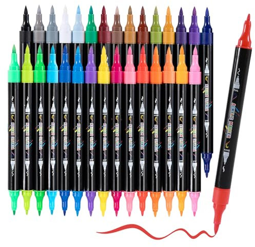 LEMEITU Rotuladores de pintura acrílica, 30 colores de doble punta para madera, lienzo, piedra, pintura de roca, vidrio, superficies de cerámica, manualidades, suministros de arte