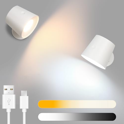 Homefire Wandlampe LED Wandleuchte Innen - Wandbeleuchtung 2 Stück mit Akku | 360° Drehbare Touch Control 3 Helligkeitsstufen Weiß Kabellose Wandleuchten Für Wohnzimmer Kinder Schlafzimmer