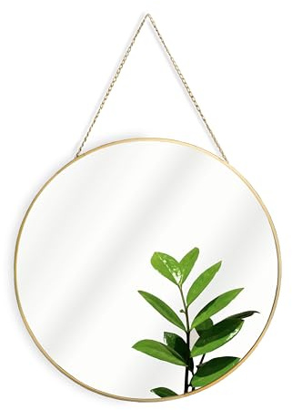 GreyZouq 50cm Large Round Mirror with Hanging Chain, Decorative Bathroom Mirror, Metal Framed Wall Mounted Mirror for Bedroom or Living Room, Gold