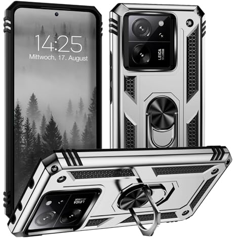 LBH Outdoor Hülle für Xiaomi 13T / 13T Pro Armor Militär Stoßfest Handyhülle 360 Grad Metal Ring Halter Ständer Schutzhülle für Handyhalterung Auto Magnet Silber