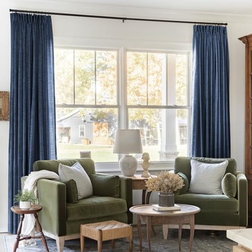 TWOPAGES 26 W x 96 L inch Pinch Pleated Light Filtering Curtain Linen Textured Unlined Drapes for Living Room Bedroom Indoor Window and Door,(1 Panel),Navy Blue