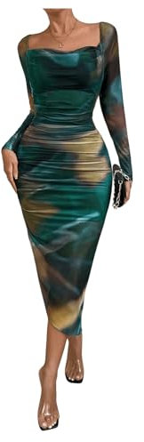 GORGLITTER Women's Square Neck Tie Dye Midi Dress Long Sleeve Ruched Bodycon Evening Prom Dresses Green Multi L