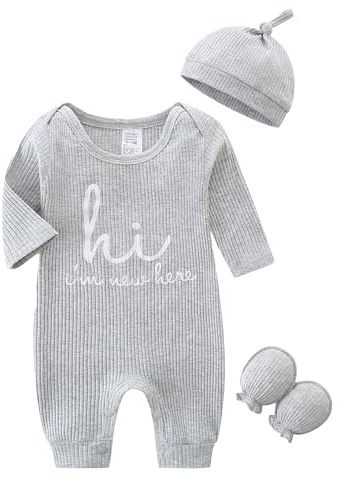 KIDDLETOWN Baby Strampler Neugeborene Schlafanzug 0-3 Monate | Strampler für Mädchen und Jungen, Schlafanzug mit Hut und Handschuhe, Letter Print Newborn Baby Set, Baumwolle+Spandex