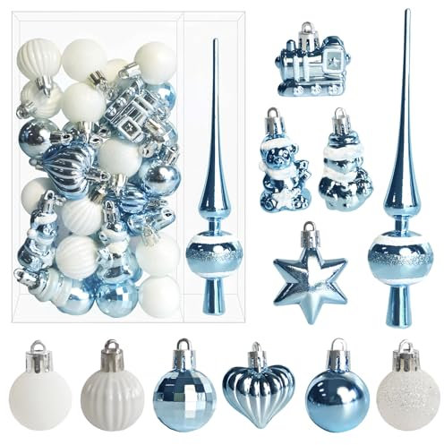34 Pezzi Baubles di Natale Con Topper Set - Ø3/4.5/5.5cm Piccolo Albero Decorazioni - Plastica Luce Blu Bianco Mini Ornamenti da Tavolo