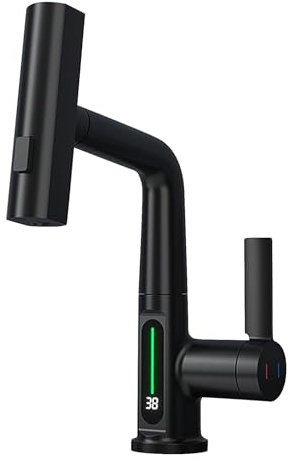 Kitchen faucet extendable,Waterfall Kitchen Mixer Tap with temperature display, kitchen faucet 360° swivel, 3 water jet modes, kitchen mixer tap, waterfall faucet, G1/2 kitchen faucet (Black)