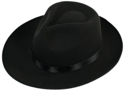 Schwarzer Fedora-Hut mit breiter Krempe und Satinband, Panamahut, Rancher-Hut für Damen und Herren, Schwarz , Einheitsgröße