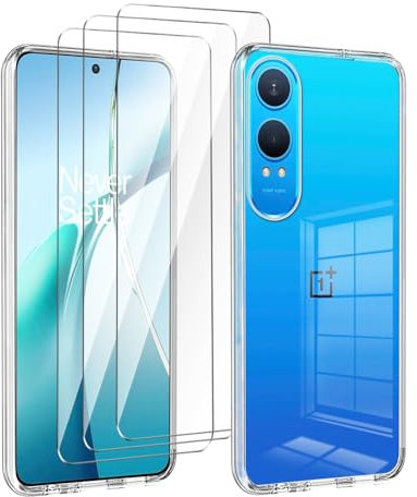 LYZXMY Funda para OnePlus Nord CE4 Lite 5G(6.67) Transparente Carcasa +3 Protectores de Pantalla de Vidrio Templado, Carcasa Suave de Silicona TPU