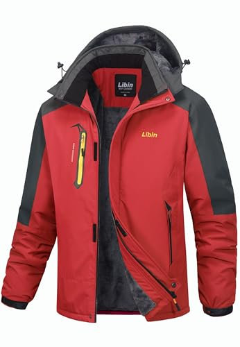 Libin Winterjacke Herren Skijacke Softshelljacke Outdoorjacke Wasserdicht Atmungsaktiv Warme Funktionsjacke Winter Snowboardjacke Wanderjacke Snowboard Jacke Männer Rot XXL