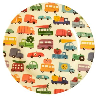 Rice Dessert Teller Speiseteller Happy Cars Motiv Geschirr Melamingeschirr Kindergeschirr Kinder Camping BBQ Picknick Bruchsicher BPA-frei Wiederverwendbar Plastikgeschirr Ø 20 cm