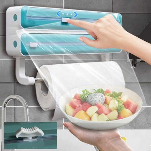 Wandrollenhalter Küche, Frischhaltefolie Schneider, 3-in-1 frischhaltefolienspender, Alufolie Spender, Papierrollenhalter, Frischhaltefolie Schneider mit Küchenrollenhalter