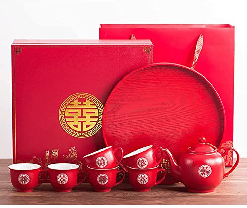 Elegantes rotes Keramik-Teeset für chinesische Hochzeit in Geschenkbox, perfektes Mitgift für ein neues Paar, traditionelles und stilvolles Teetassen-Set für Heimzeremonie