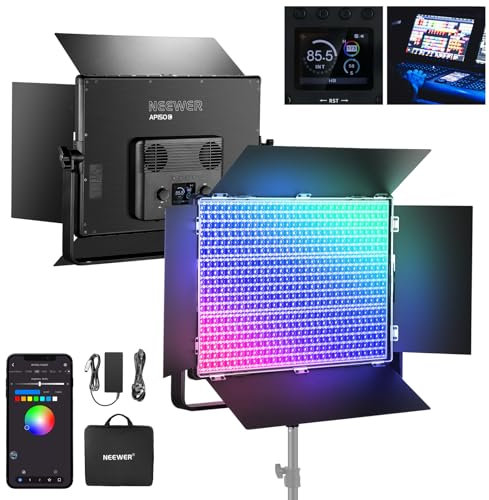 NEEWER 150W RGB LED Panel Video Light Kit with Barn Doors, 1800 LEDs 42500Lux/0.5m 2500K-10000K CRI96+/TLCI97+ 0-100% Dimming, APP/2.4G/Panel/DMX Control for Pro Studio Gaming Lighting, AP150C
