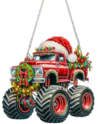 CXINLky DIY Diamond Art Painting Weihnachten Anhänger mit Kette, Weihnachten Diamant Art Fensterbilder, Weihnachten 5D Diamond Malerei Wandbehang Kits für Wand Garten Decor-02-Traktor