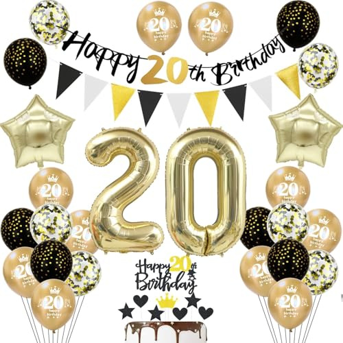 20 Geburtstag Deko Mann Frauen, Schwarz Banner 20 Geburtstag Girlande Deko 20. Frauen Gold Luftballons 20. Tortendeko 20 Geburtstagsdeko 20 jahre Männer Ballons