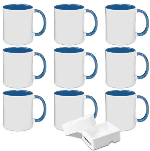 SUBLOVER 11 oz Ensemble de 9 Blanc tasses à sublimation, Céramique Personnalisé Mugs et Tasses à café pour Cadeau Collègue Idée Cadeau Original(Bleu)