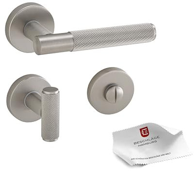 Beschläge Hamburg | Türgriff Türbeschlag MUNICH-X 07 VAM WC | Bad Türklinke mit Gitternetzstruktur für Toiletten Innentüren | Karomuster Drückergarnitur | ø51x10mm | Türdrücker in edelstahlfarben matt