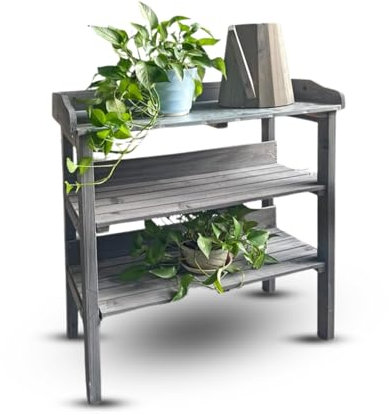 Wooden Potting Table with Galvanized Metal Top Garden Planting Bench with Shelves & Hooks Weather-Resistant Germination Workstation for Greenhouse Patio Garage & Balcony