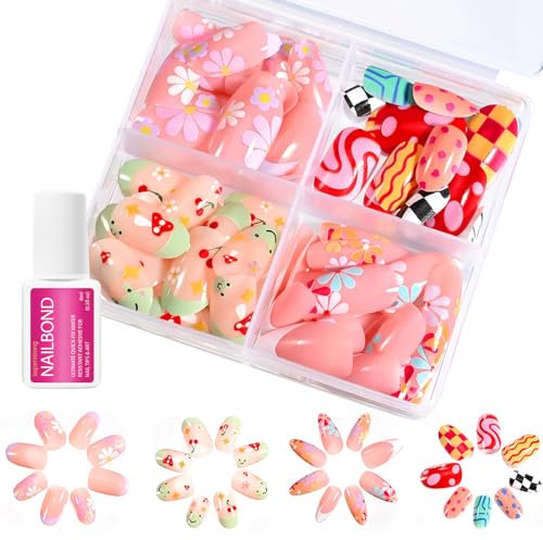 96Pcs Almond False Nails - Cute Press-On Nails with Flower, Cherry, and Line Designs - Cartoon Stick-On Nails with Adhesive - Full Cover Fake Nail Tips for Women - DIY Manicure Set