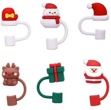 Lot de 6 couvercles de paille de Noël en silicone anti-poussière pour gobelets et tasses