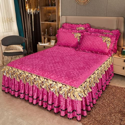 Daesar Bed Sheet 200 x 220 CM, Rose Red Fitted Sheet with Bed Skirt Velvet Flowers Embossing Textured with Leaves Embroidered Lace Easy Care Soft Bedspread Coverlet Bedding, Rose Red