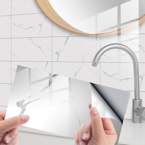 16 PCS Marble White Tile Stickers for Bathroom, 15cmx30cm Peel and Stick Wall Tiles, Self-Adhesive Vinyl Wallpaper for Home Kitchen, Bathroom, Living Room