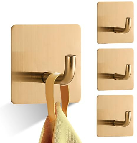 UNILECON Klebehaken Extra Stark für Badezimmer - 4 Stück 304 Edelstahl Selbstaht Klebe-Haken, ohne Bohren, für Küchen, Badezimmer und Toilettenkabinette(Gold)