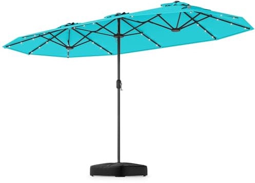 GOPLUS Doppelsonnenschirm 400 x 200 cm, Sonnenschirm mit Ständer, UV 50+, Gartenshirm mit Kurbel, Balkonschirm groß, Marktschirm Oval für Garten & Terrasse (Türkis,Mit LED)
