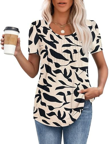 MOLERANI T Shirts for Women UK Round Neck Loose Casual Puff Short Sleeve Summer Tee Tops Front Pleated T Shirt Apricot Black Leaf L
