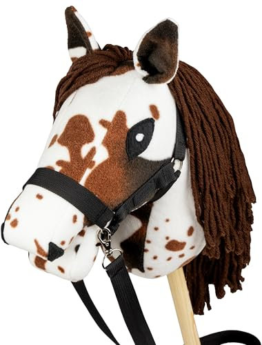 SKIPPI Hobby Horse Braunschecke, Schecke Steckenpferd A5, Halfter und Zügeln im Set, Hobby Horsing Pferd mit Zubehör, Weißes Pferd mit Braunen Flecken
