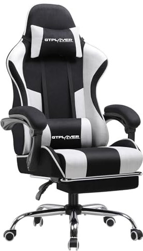 GTPLAYER Fabric Gaming Chair, Massage Ergonomic Computer Chair with Footrest, Lumbar Support, Headrest, Height Adjustable Home Office Reclining PC Racing Chairs (White)