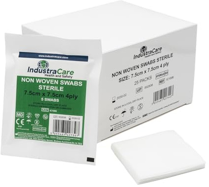 IndustraCare Premium Sterile 4ply Medical First Aid Gauze Swabs 7.5cm x 7.5cm - 25 Packs of 5 (125 Swabs)
