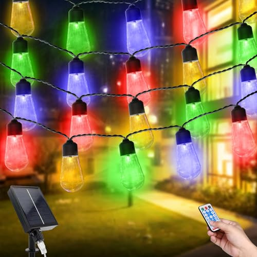 6M Lichterkette Außen Solar Wasserdicht mit 20 Absturzsicherung Glühbirnen, Balkon Lichterkette Solar Wasserfest mit 8 Modi, Pavillon String Lights mit Fernbedienung für Terrasse Party Deko(6M Farbe)
