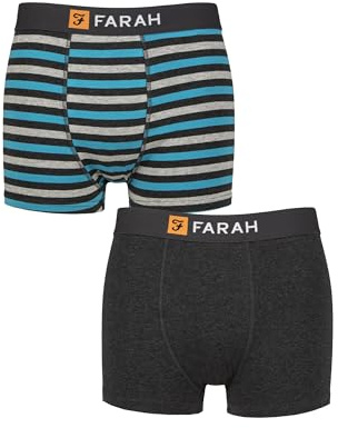Farah Men’s 2 Pack Cotton Trunks – Classic Fit, Soft Stretch, One Plain One Striped, Supportive Comfortable Underwear for Daily Wear, Sizes S–XL Stripe Charcoal/Turquoise M