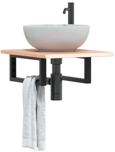 Qnhdfrt Eichenholz Waschtischplatte mit Stahlhalterung 40x50x2 cm Schwarz Hellbraun Platzsparendes Badregal für Badezimmer Robust und Langlebig