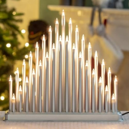 caprican Candle Bridge Christmas Decoration - Mains Operated with 33 LED Warm White Lights – Elegant Arch Window Light for Festive Home Décor, Table or Windowsill – Traditional Xmas Ornament (Silver)