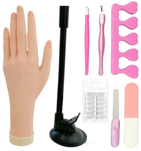 Practice Hand for Acrylic Nails, Silicone Nail Practice Hand, Nail Hand Practice Model with 40 Nail Tips, 48 Jelly Glue Tabs, and 5-Piece Manicure Tool Set for Salon and Home Use