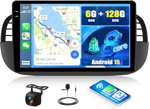 SIXWIN 8-Core 6+128G Android 15 Autoradio pour Fiat 500 2007-2015, avec Carplay Android Auto DSP, 9 Navigateur à Écran Tactile avec GPS WiFi BT USB FM RDS Contrôle Volant avec Caméra de recul