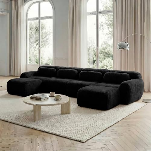 vutizal Große U-Förmige Wohnlandschaft, XXL Modulares Schlafsofa mit starker Ummantelung, Premium Plüschstoff Bezug & 32D-Schaumstoff, Ohne Montage, Schwarz