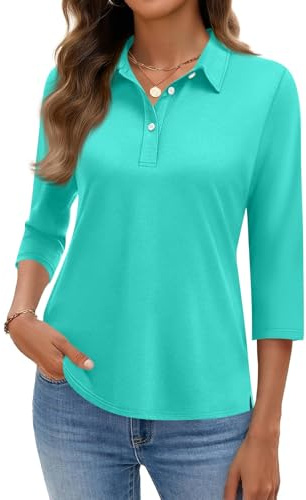 Ladies Tops with 3/4 Sleeves and Solid Color Shirts Women's Button Up Tops Polo Shirts